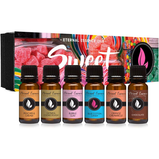 Sweet Gift Set of 6 Premium Grade Fragrance Oils - Bubble Gum, Orange Creamsicle, Peaches & Cream, Blue Cotton Candy, Oatmeal Cookie Dough, Chocolate - 10Ml - Scented Oils