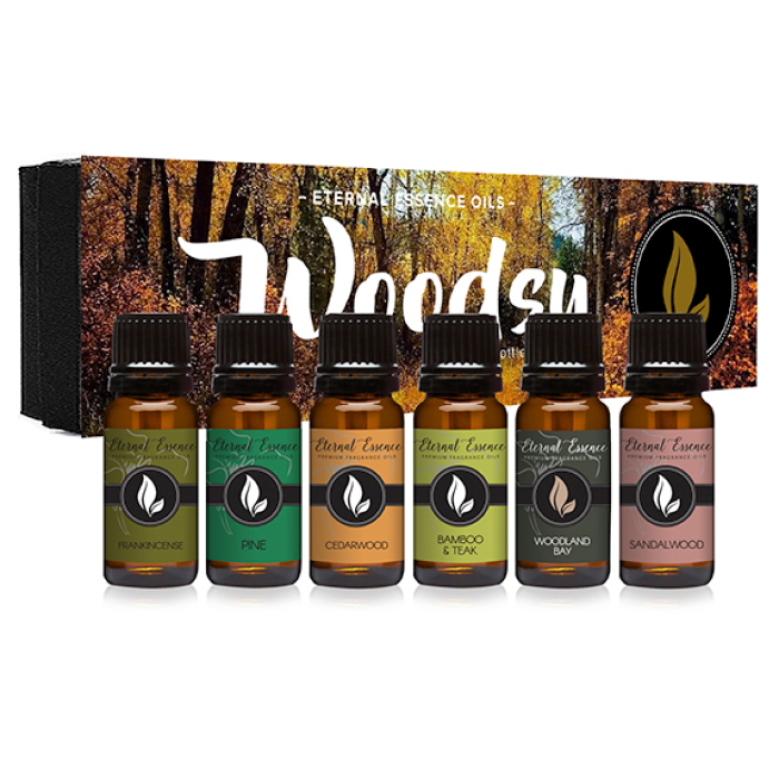 Eternal Essence Oils Woodsy Premium Fragrance Oils Set - Including Pine, Cedar Wood, Sandalwood, Bamboo & Teak, Woodland Bay and Frankincense - Scented Oils - Rustic and Woody Scented Oils (6 Pack)