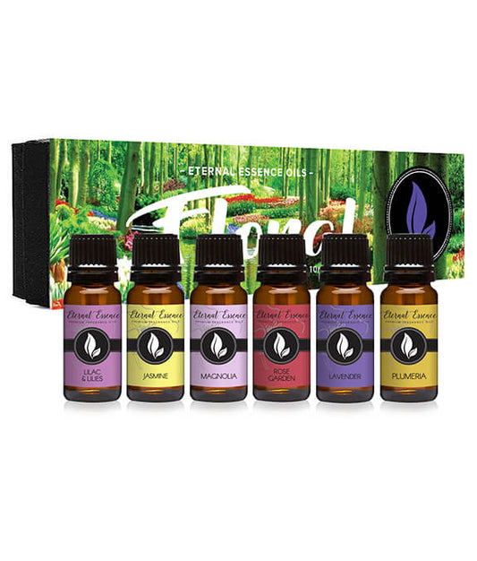 Floral Gift Set of 6/10ml Premium Grade Fragrance Oils - Lavender, Lilac Lillies, Jasmine, Plumeria, Rose Garden, Magnolia - Scented Oil