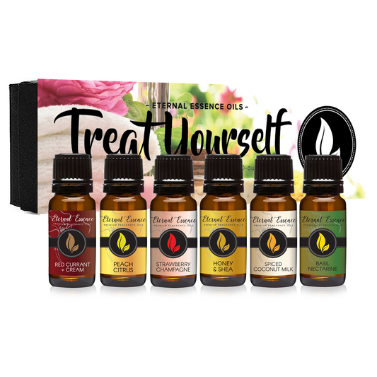 Treat Yourself - Gift Set of 6 Premium Fragrance Oils - Red Currant & Cream, Strawberry Champagne, Spiced Coconut Milk, Peach Citrus, Honey & Shea, Basil Nectarine